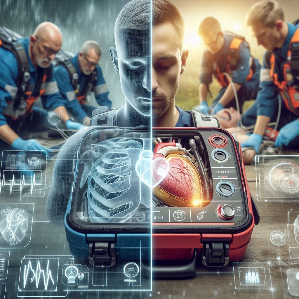 Infographic-style image displaying key statistics and steps of AED use overlaid on a photo of a workplace training session, combining visual education with practical demonstration.