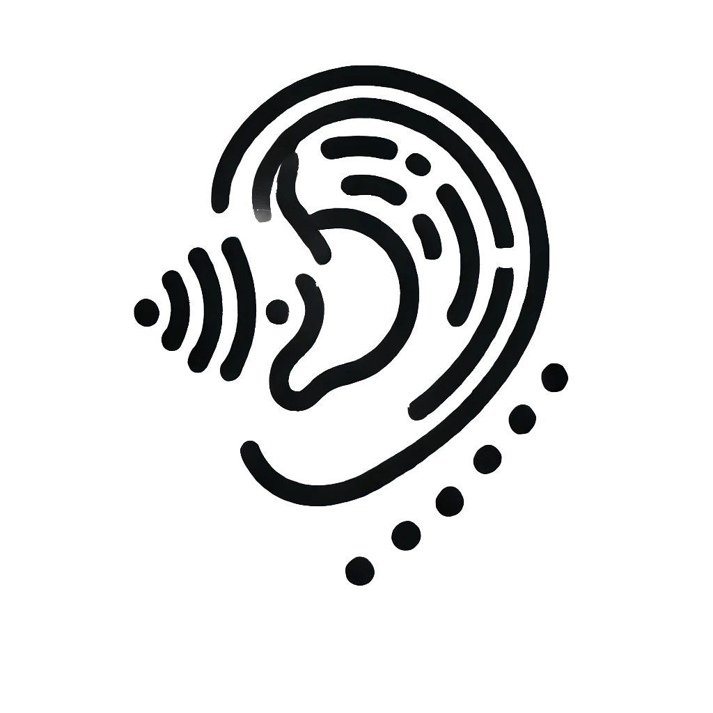 Simplistic black and white icon for audiometric testing, showing an ear outline with a soundwave symbol inside, representing hearing assessment and sound frequency testing.