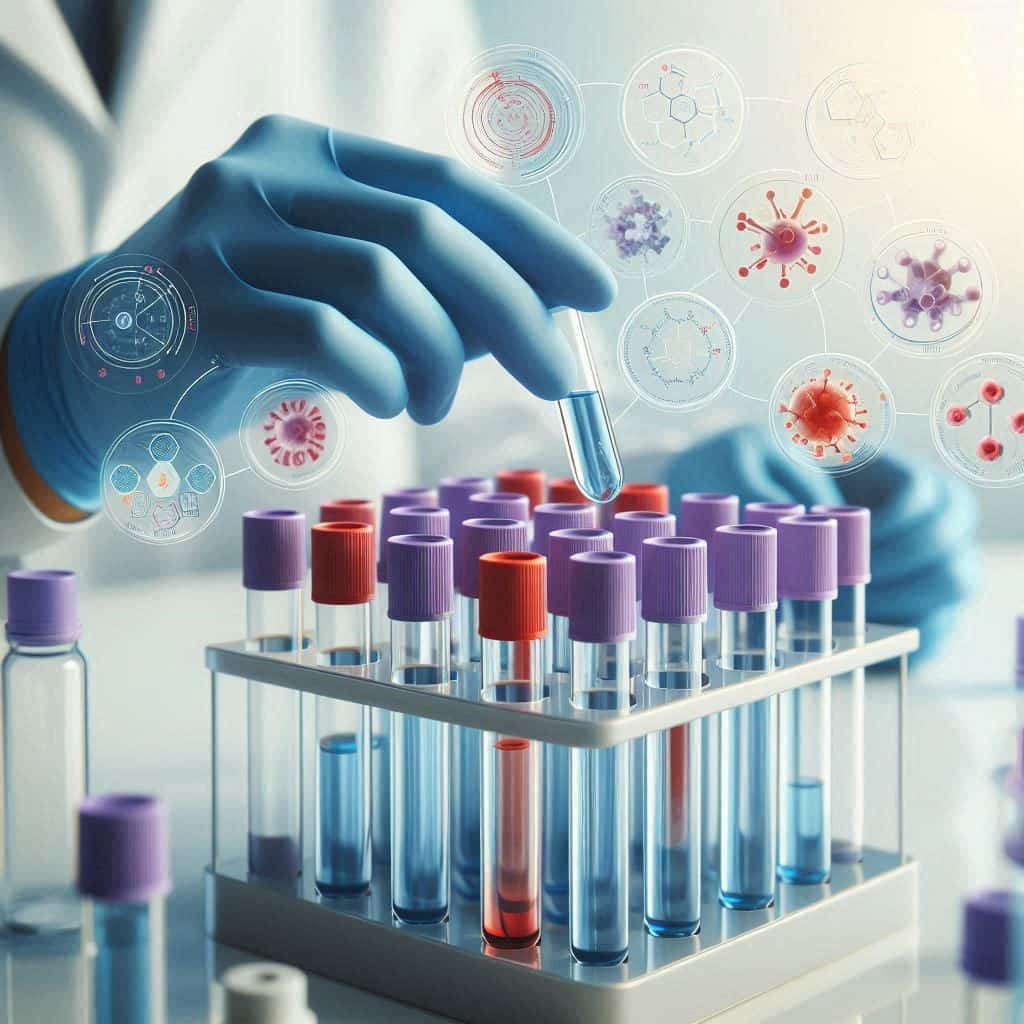 Close-up of blood test tubes in a medical laboratory.