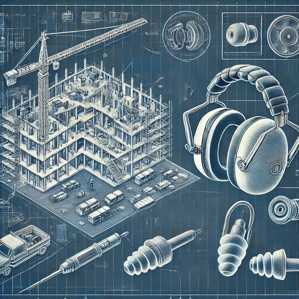 Blueprint-style image of a construction site with various hearing protection equipment, including custom-molded earplugs and noise-canceling earmuffs, illustrated as key components. The blueprint features labeled annotations highlighting the benefits and specific uses of each piece of equipment, emphasizing a tailored approach to hearing protection. The design is technical and schematic, with a monochromatic blue color scheme.