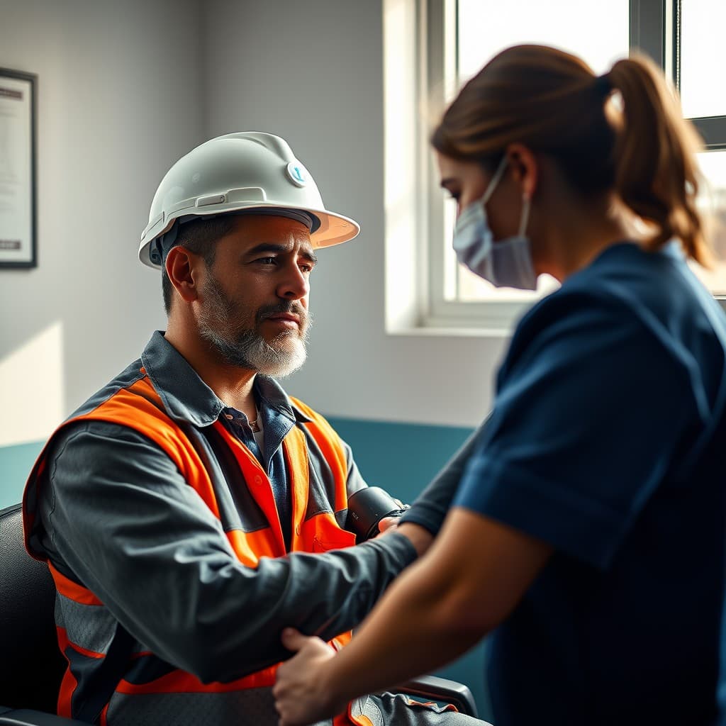 Construction worker in a clinic getting his blood pressure taken by a nurse in medical scrubs.