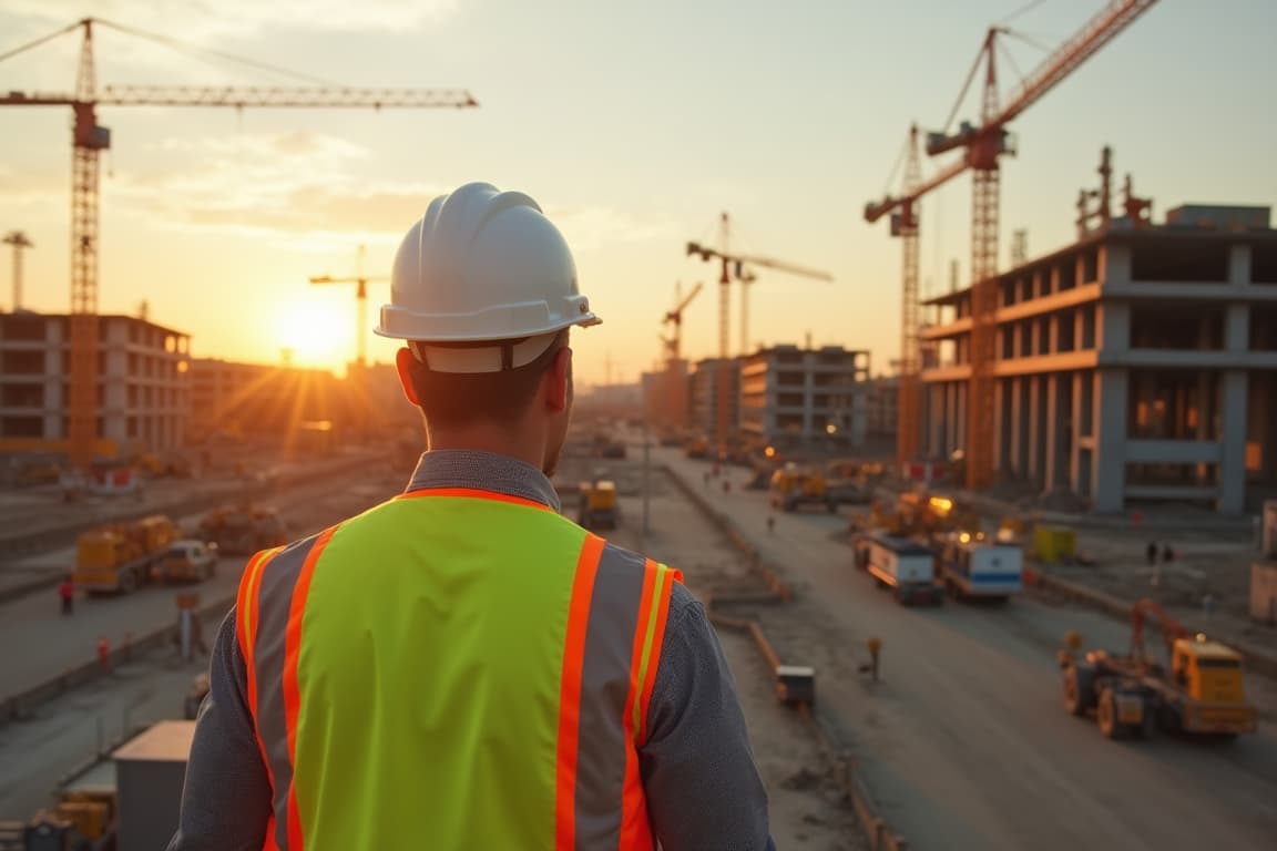A construction worker wearing a full-body safety harness and attached to a lifeline, carefully walking on a steel beam at a high-rise construction site.