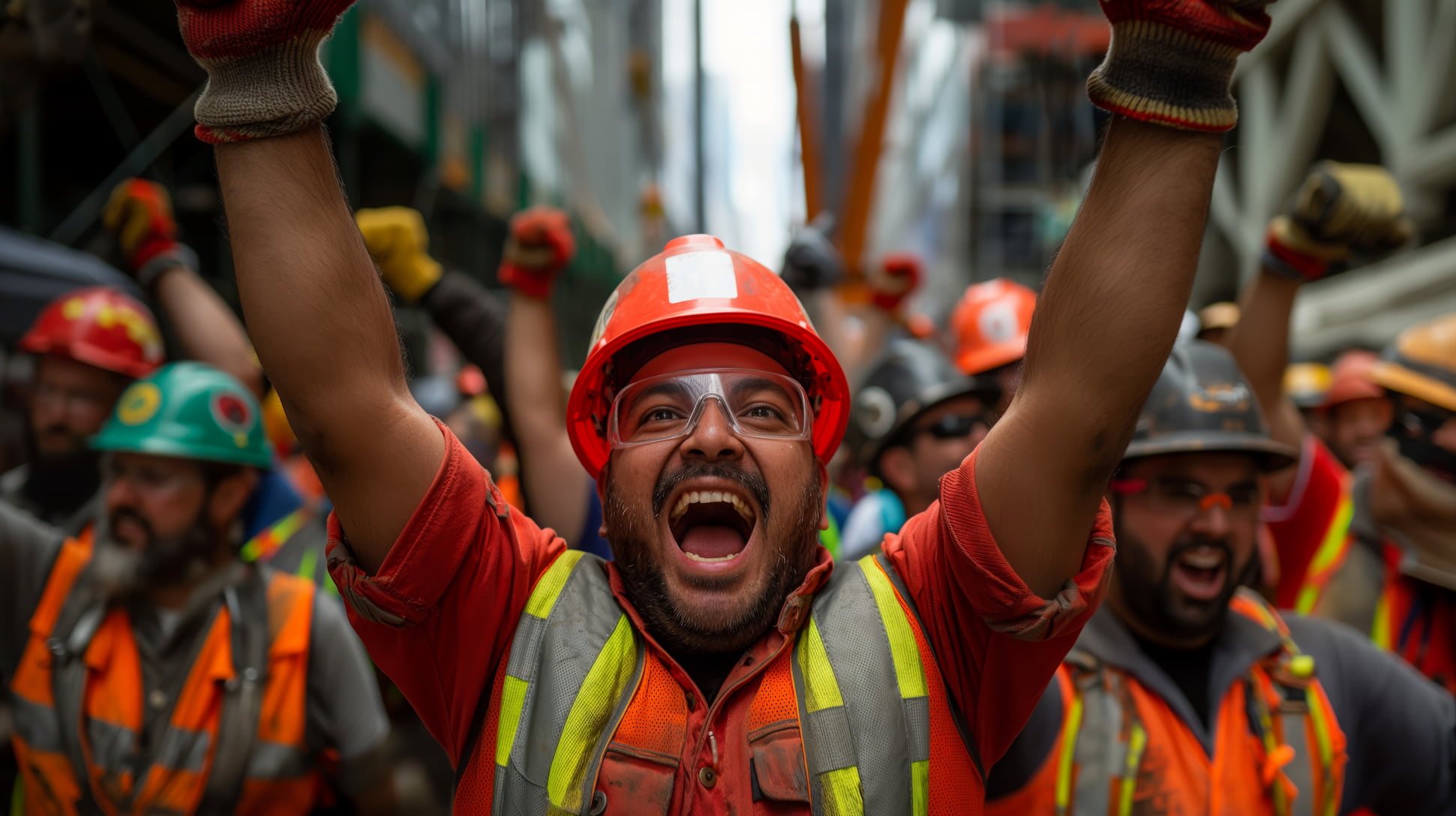 Happy and safe workers celebrating