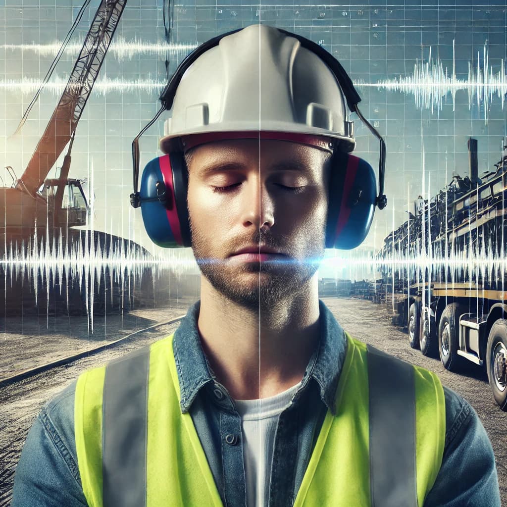 Construction worker wearing protective headphones with an overlay of sound waves and an audiogram chart in the background, symbolizing the connection between the worker’s environment and audiometric testing services.