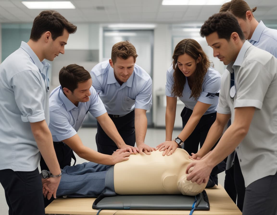 A group of medical professionals practicing CPR on a manikin during a training session in a clinical setting.