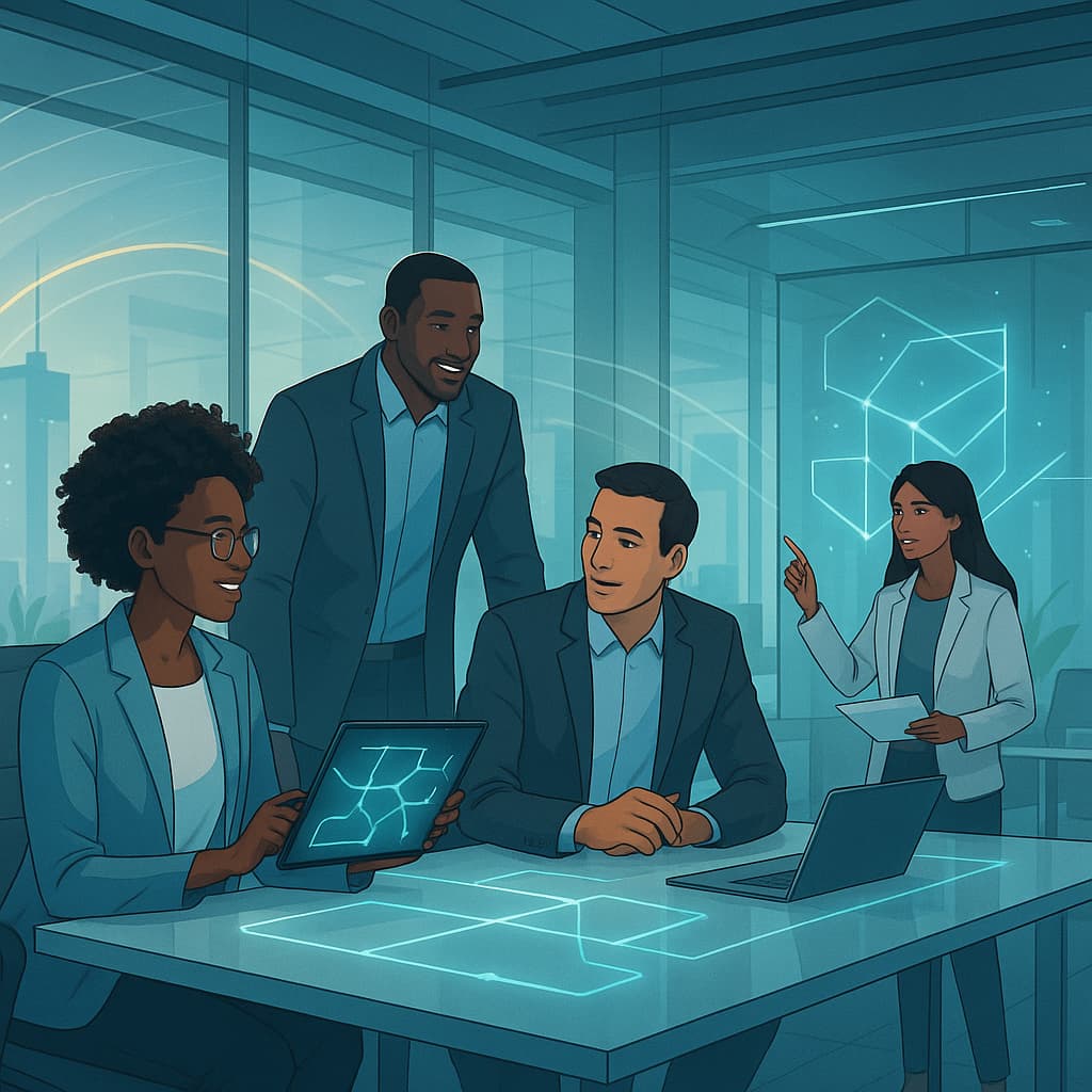 A diverse group of professionals collaborating in a modern enterprise office setting, representing scalable safety solutions.