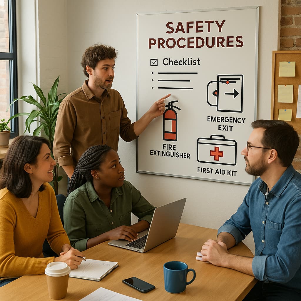 A diverse team of professionals collaborating in a modern enterprise office around a large digital display showing scalable safety solution data, with some gesturing and others holding devices, reflecting innovation and security.