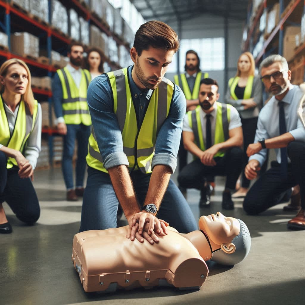 An experienced instructor demonstrates CPR on a mannequin during a first-aid training session in a busy warehouse, surrounded by attentive employees in work and office attire, with elements of the industrial work environment in the background.