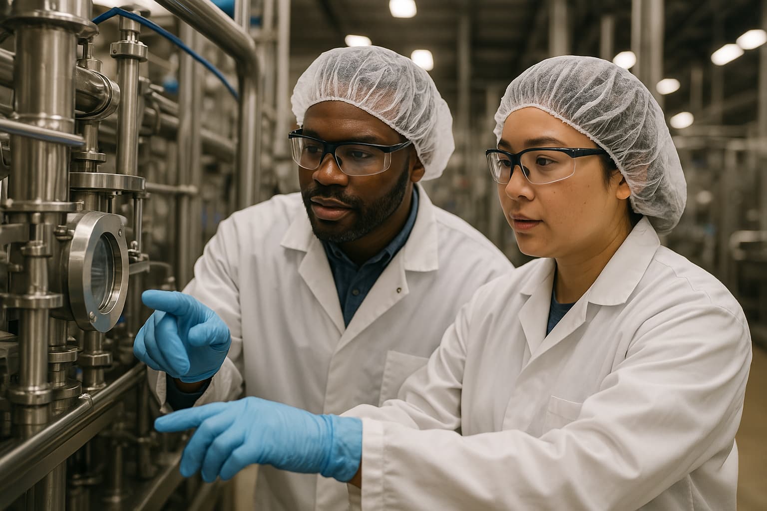 Food manufacturing safety response: supervisor and responder reviewing a documented incident workflow