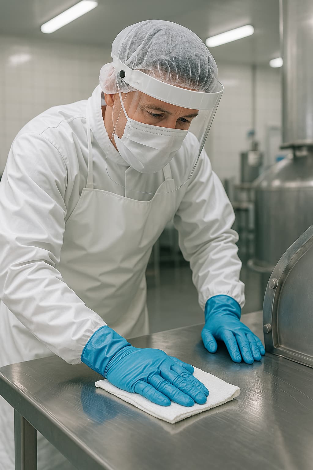 Food processing worker with safety equipment in clean environment