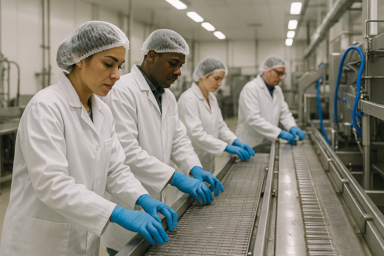 Food processing facility with workers in protective equipment
