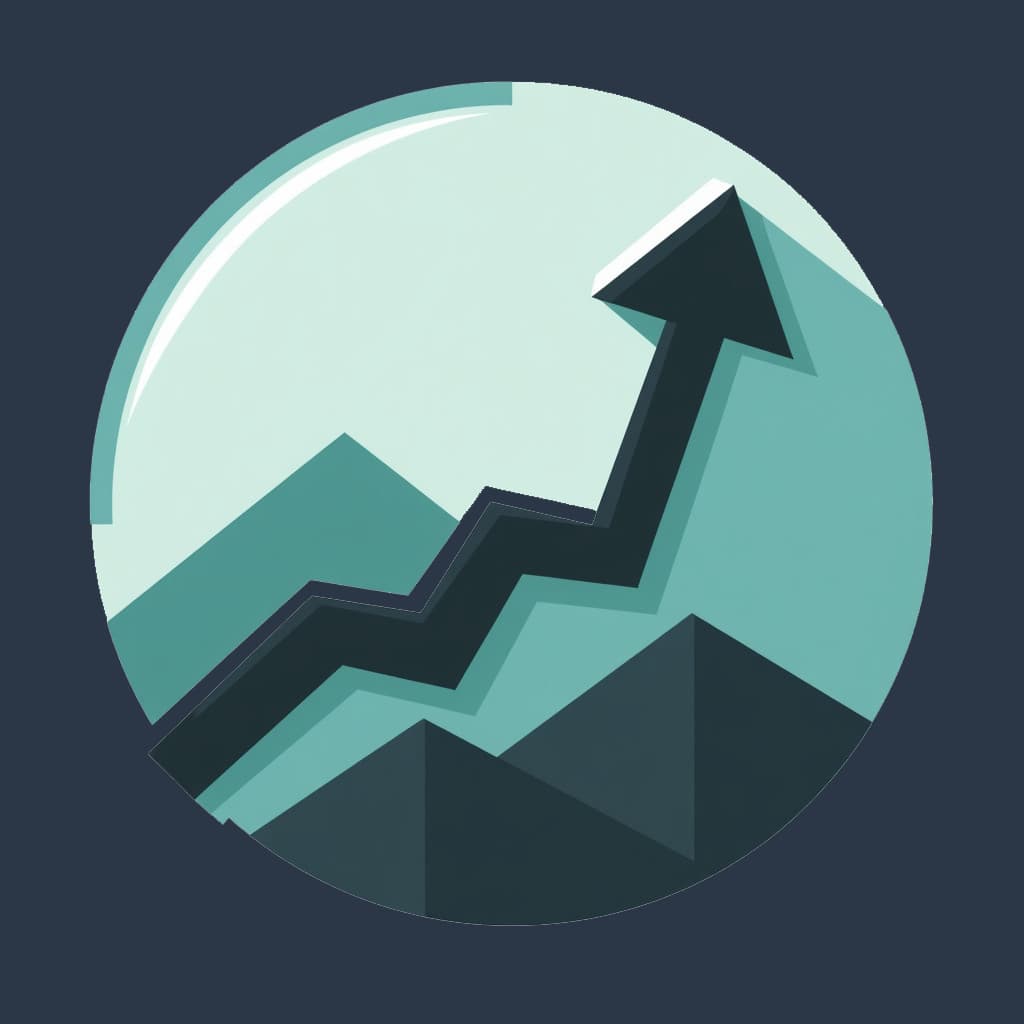 Minimalistic flat design icon featuring an upward arrow symbolizing growth, set against a backdrop of mountains.