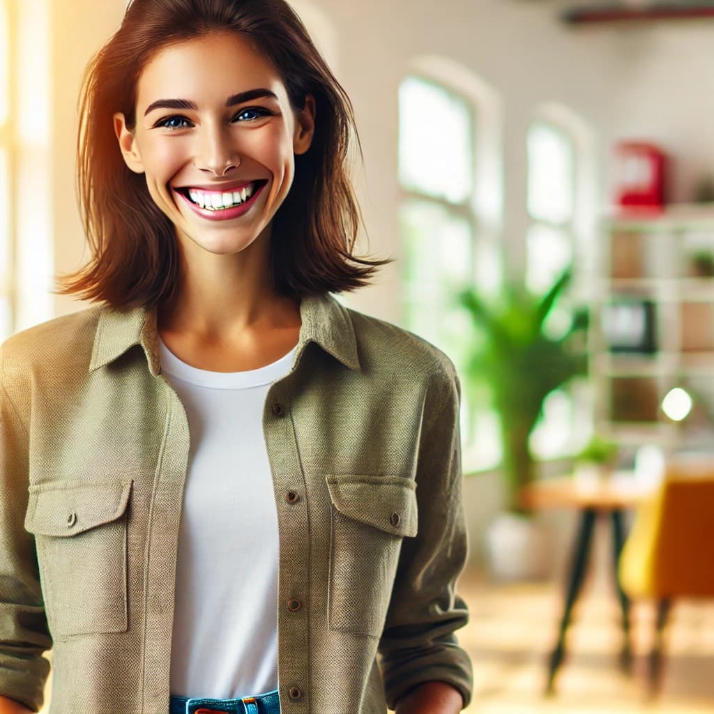 A happy and productive female worker in a modern office environment, symbolizing the positive outcomes of QuickCare Solutions' NON-DOT Physicals.