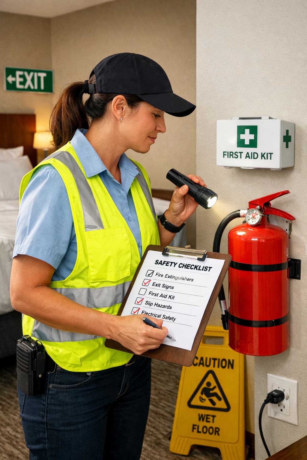 Hotel and restaurant safety support: hospitality worker performing a workplace safety check
