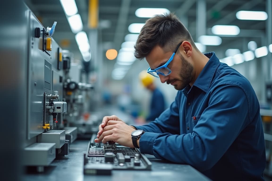 A skilled manufacturing technician in safety glasses precisely assembling a component at an ergonomic workstation on a modern factory floor, showcasing efficient and safe work practices.