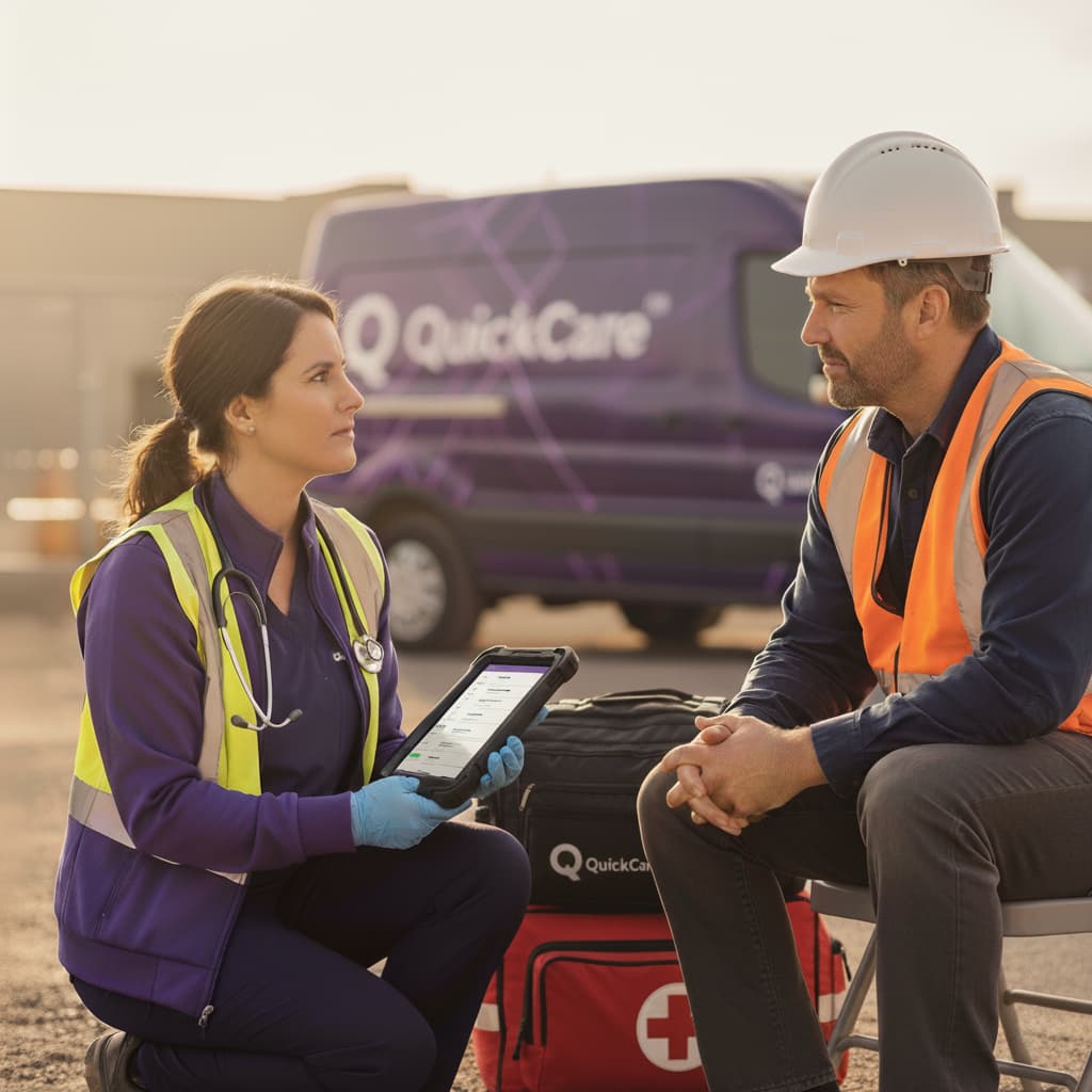 QuickCare clinician assessing a construction worker on-site; first-aid care aligned with OSHA’s non-recordable guidelines.