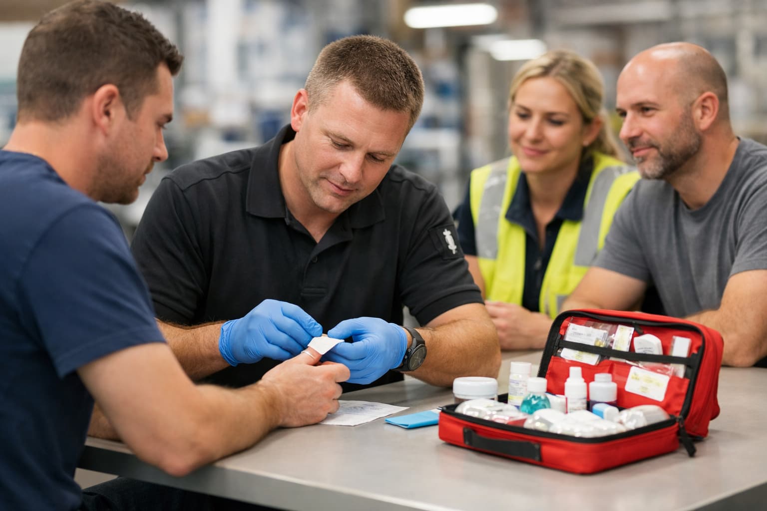 On-site workplace first-aid in a bright industrial breakroom, clinician bandaging a minor finger cut at a table while coworkers observe calmly.