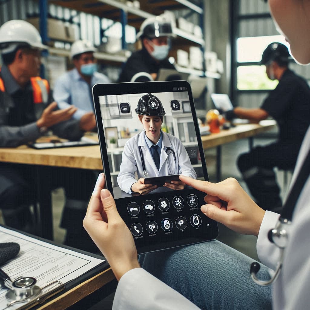 On-site nurse providing telemedicine consultation with a remote doctor for an injured worker in an industrial workplace setting.