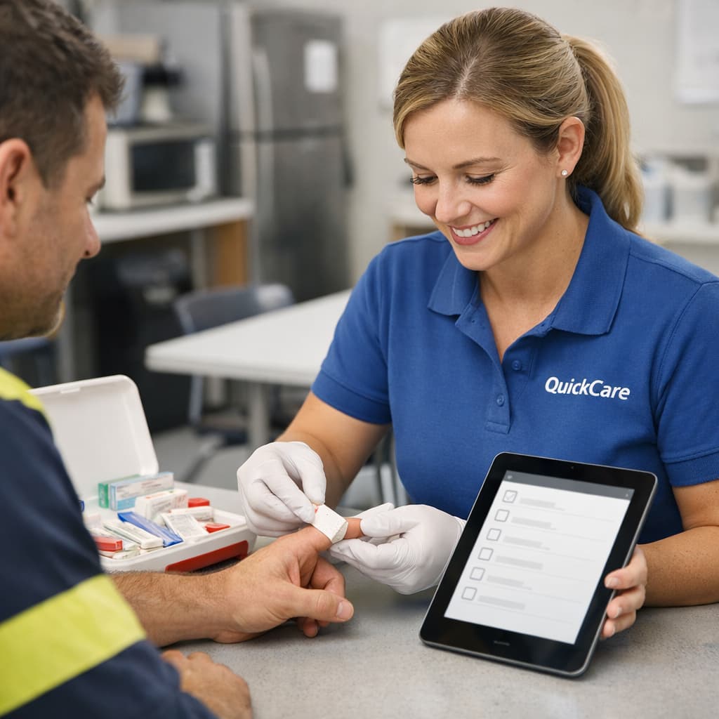 QuickCare clinician cleaning and bandaging a minor hand cut at an on-site first-aid station while documenting on a tablet