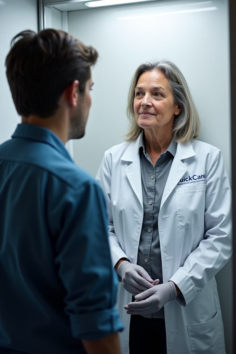 A QuickCare toxicology technician discreetly oversees a professional urine collection for an on-site drug test, ensuring privacy.