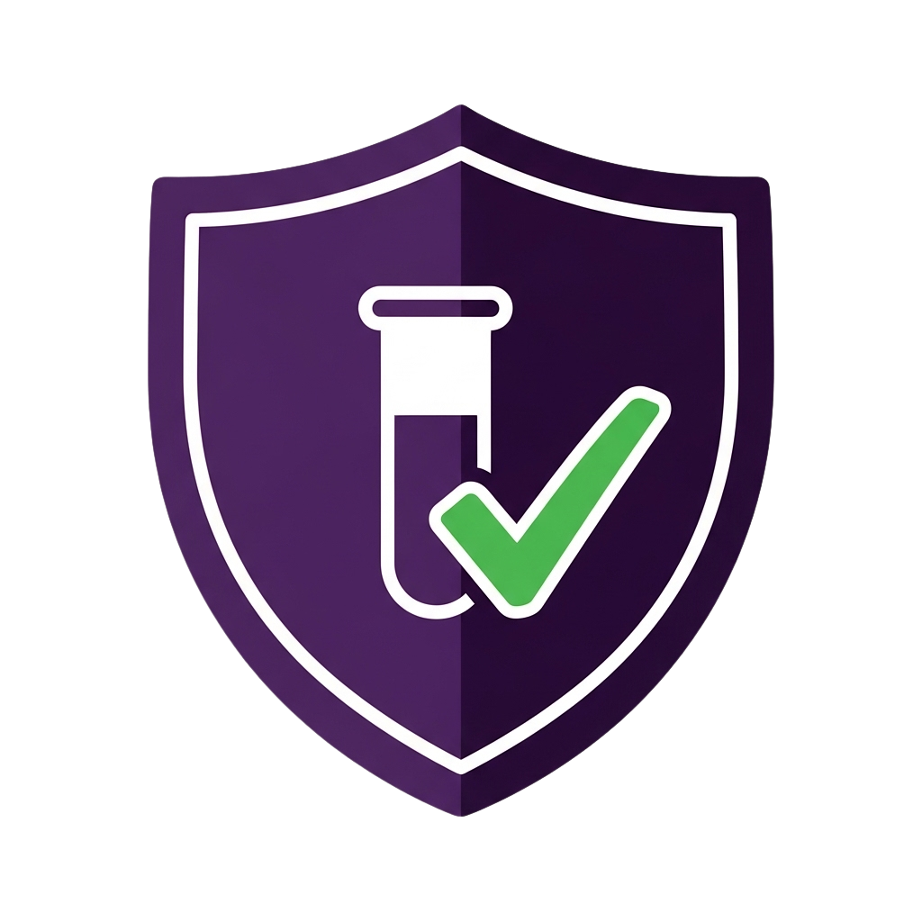A shield icon containing a test tube and checkmark, representing guaranteed, scientifically accurate results.
