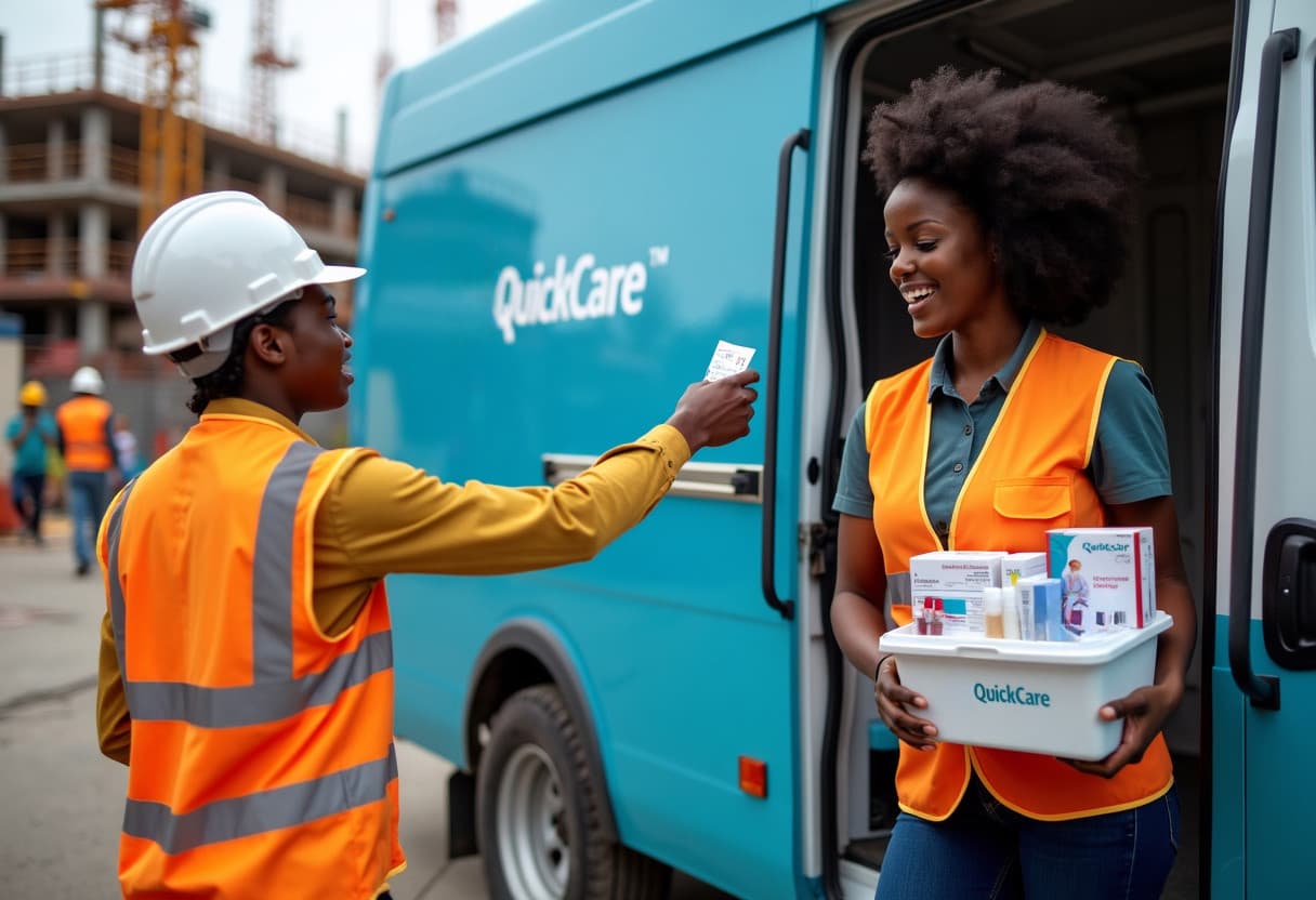 A QuickCare staff member, a African American female wearing an orange safety vest, is standing next to a QuickCare van on a construction site. She is smiling and handing over a toxicology kit to a construction worker who is also wearing a safety vest and helmet. The construction site is active in the background.