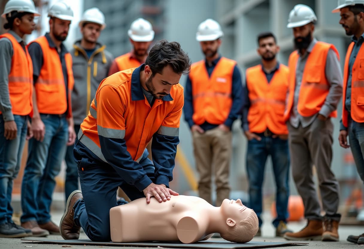 A QuickCare instructor in an orange safety vest demonstrates CPR on a mannequin during an on-site training session at a construction site, with construction workers in safety gear attentively observing.