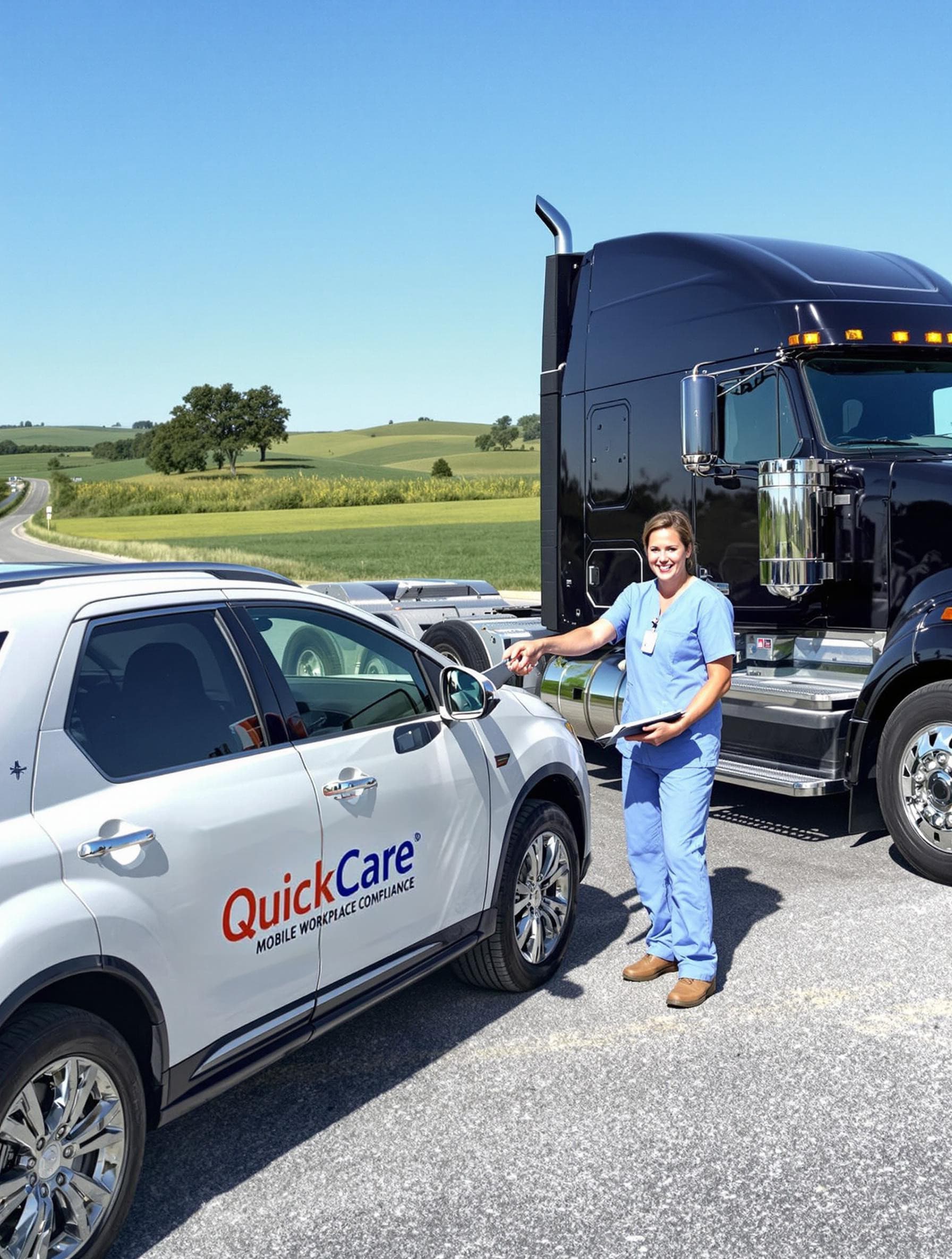 QuickCare Solutions mobile drug testing service, featuring a healthcare professional in blue scrubs conducting a test near a white QuickCare-branded vehicle and a black semi-truck at a truck stop.