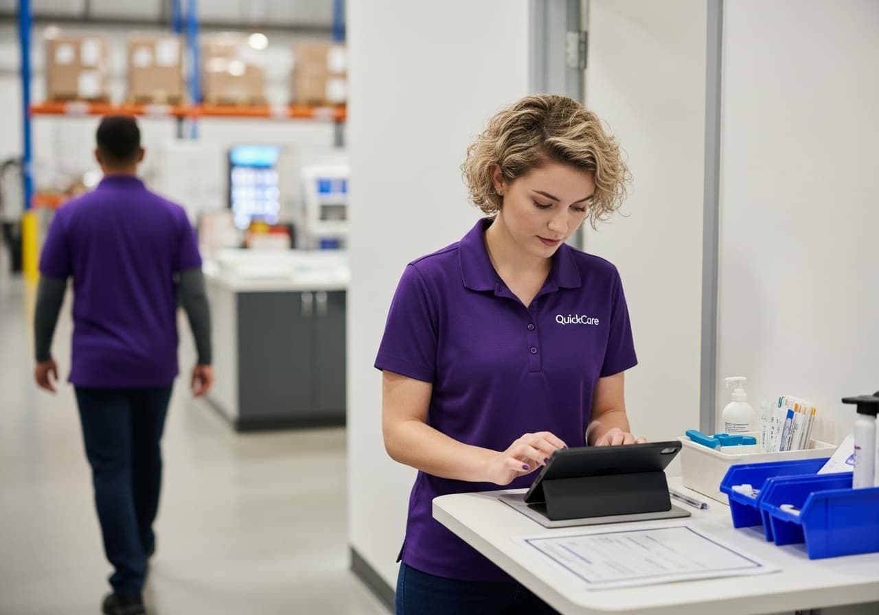 A QuickCare technician efficiently records a PoCT result on a tablet at a worksite, showing the non-disruptive nature of the service.