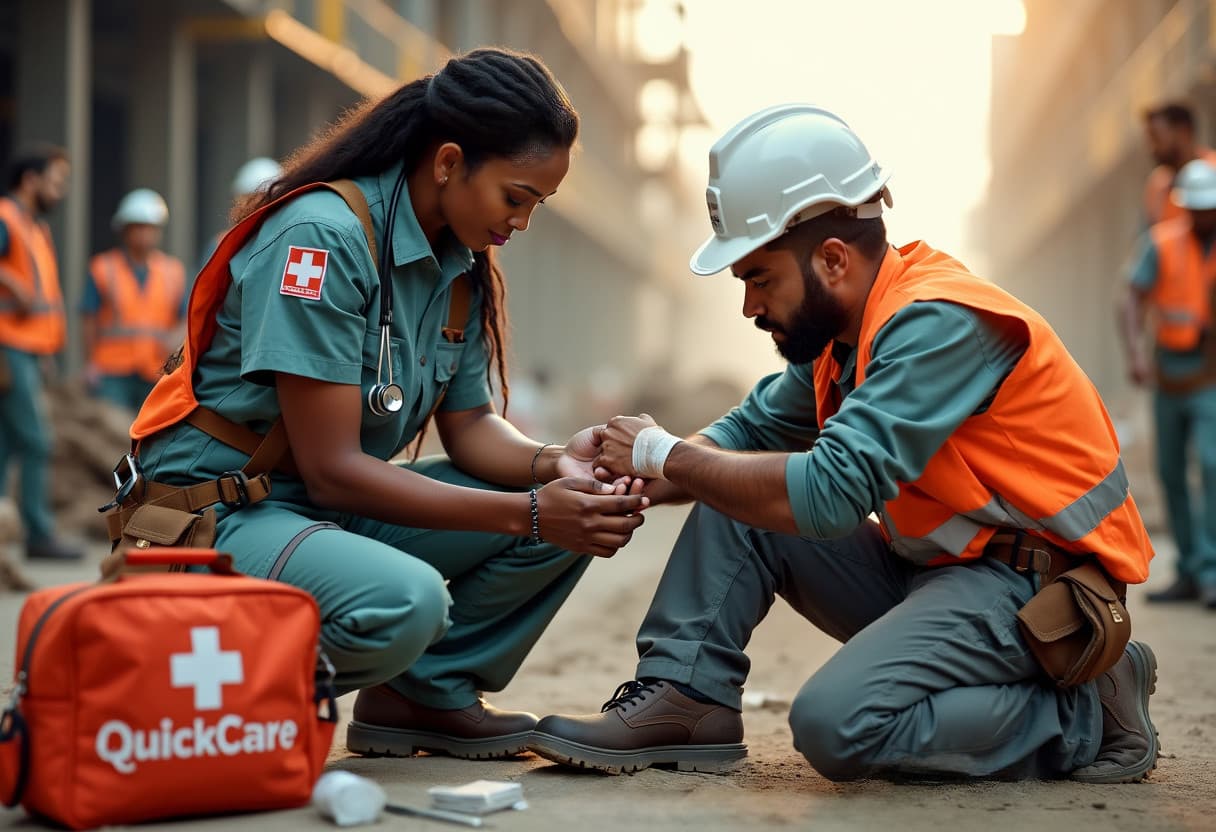 QuickCare staff member in a nurse hybrid outfit, assisting an injured construction worker on-site.