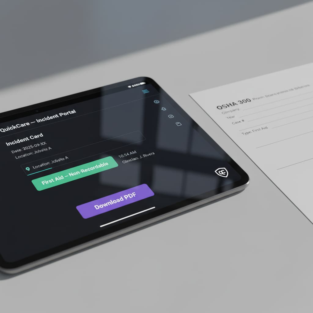 QuickCare Incident Portal showing first-aid classification and OSHA 300 support documentation.