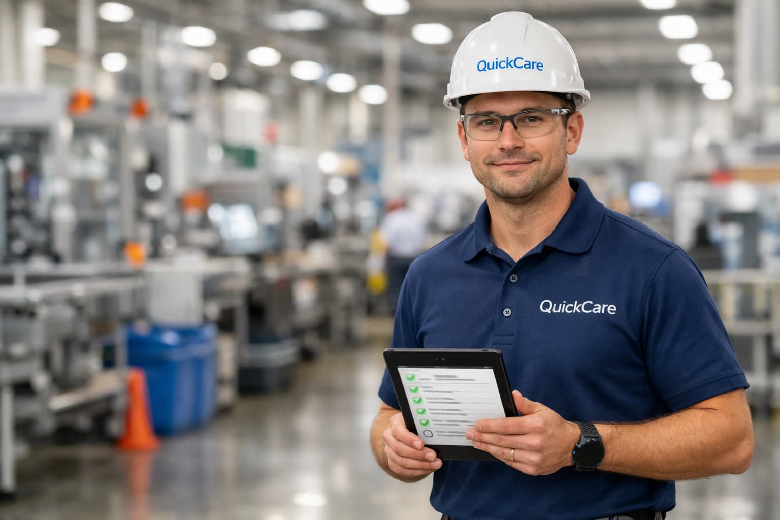 QuickCare safety professional conducting a manufacturing safety walkthrough with a digital checklist in a clean, modern facility.