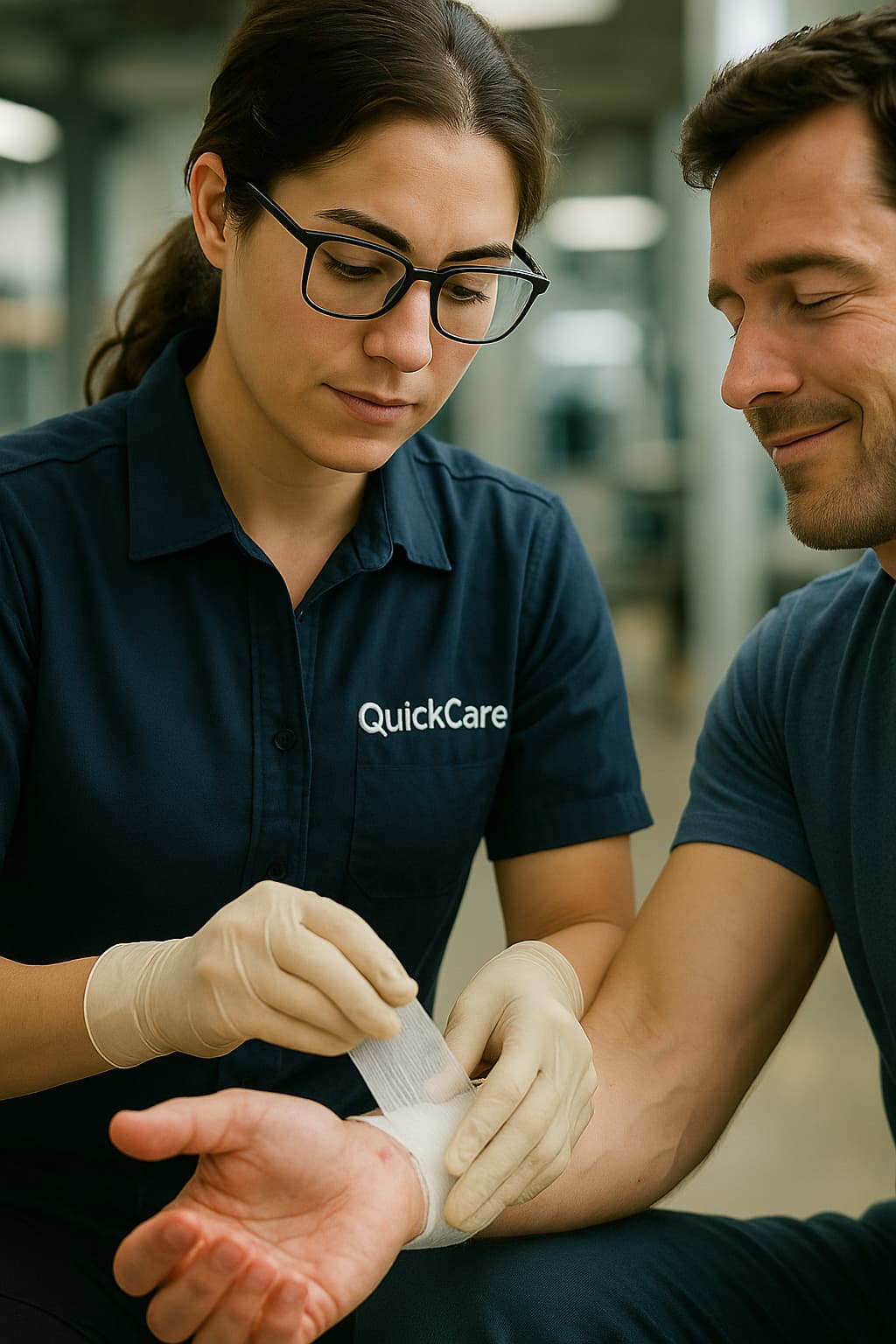 QuickCare medical professional providing first aid at a workplace