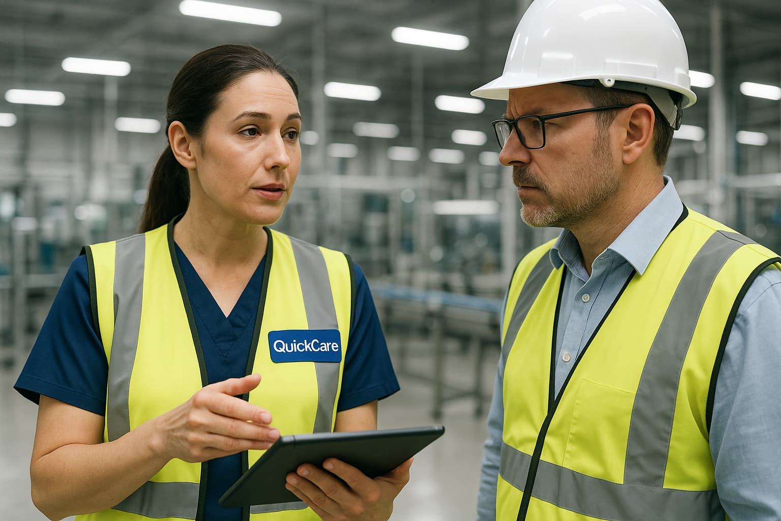 A professional QuickCare nurse in a safety vest calmly reviews an incident report on a tablet with a focused site manager in a modern manufacturing workspace.