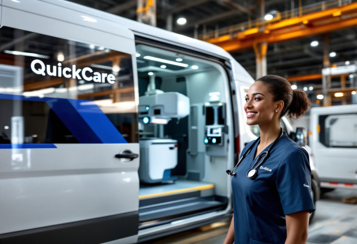 QuickCare nurse standing next to a mobile medical unit inside a warehouse, showcasing on-site healthcare services.