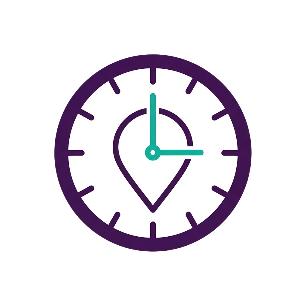 A clock icon combined with a map pin, representing QuickCare's 24/7 on-site testing convenience.