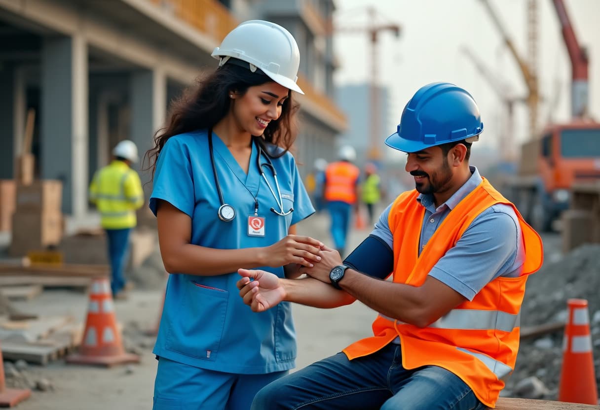 A QuickCare nurse in scrubs and a hard hat is checking the blood pressure of a construction worker wearing an orange safety vest and blue hard hat at a construction site, emphasizing on-site medical services.