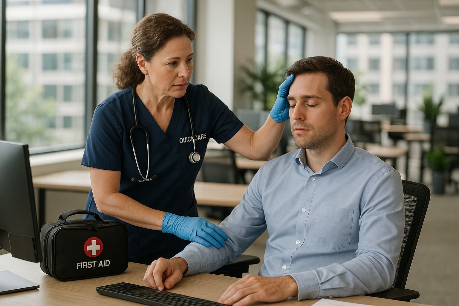A female QuickCare nurse provides professional on-site medical assessment to a male employee at his desk in a modern office, with a first aid bag nearby.