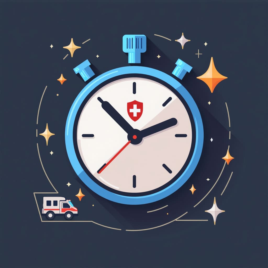 Illustration of a stopwatch symbolizing reduced downtime, with a medical shield and an ambulance icon in a minimalistic style.