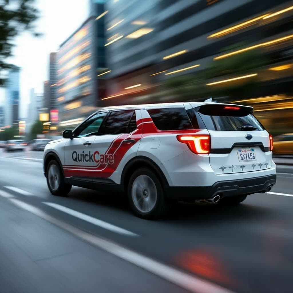 QuickCare response vehicle driving through a city street, showcasing the company's branding on the side and back of the SUV.