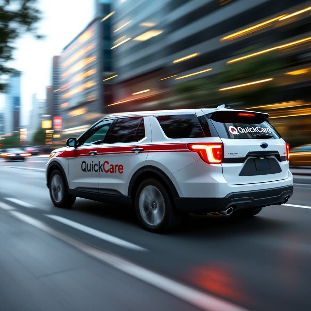 QuickCare response vehicle driving through a city street, showcasing the company's branding on the side and back of the SUV.