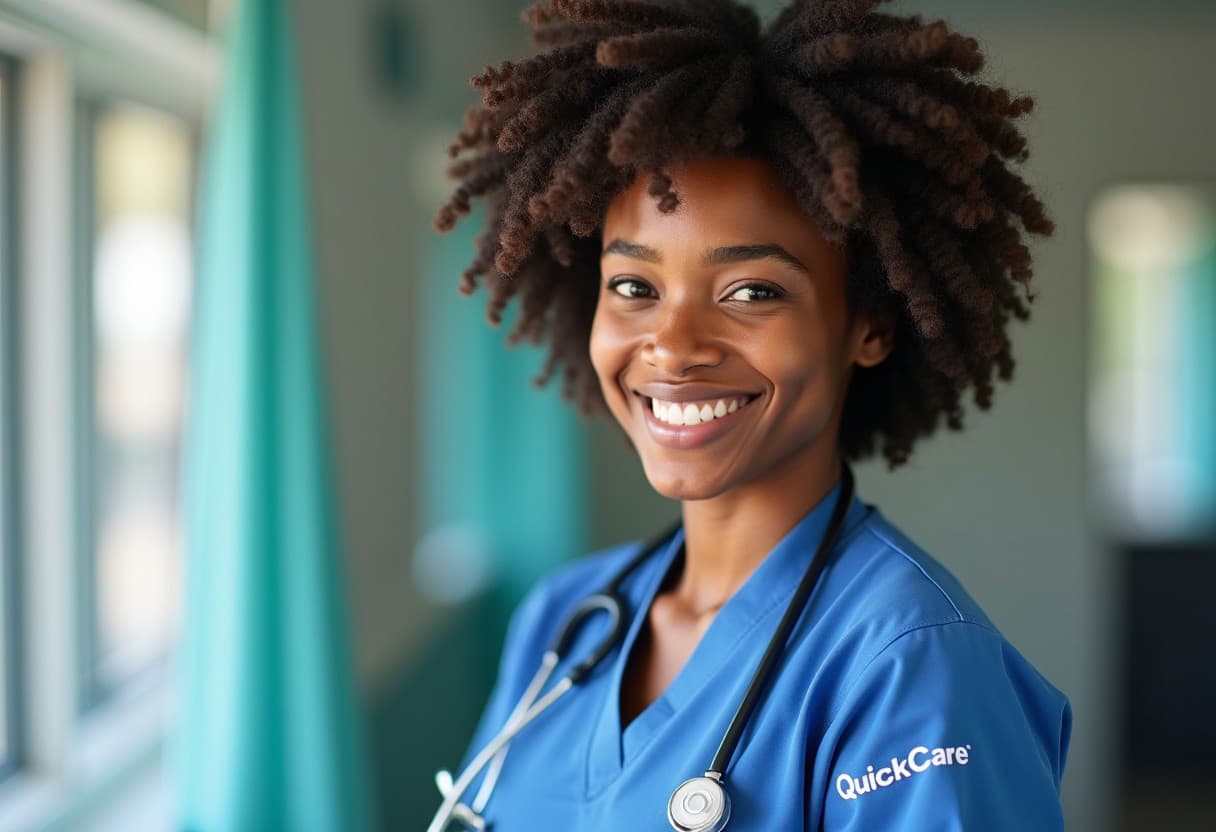 A smiling healthcare professional wearing a blue QuickCare uniform and a stethoscope. She has natural curly hair and is standing in a well-lit medical facility, looking confidently at the camera.