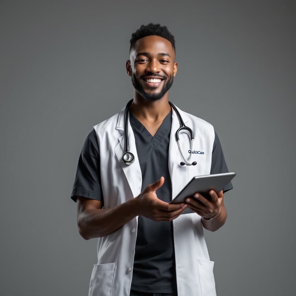 Smiling healthcare provider wearing a QuickCare-branded uniform and stethoscope, holding a tablet in a professional setting.