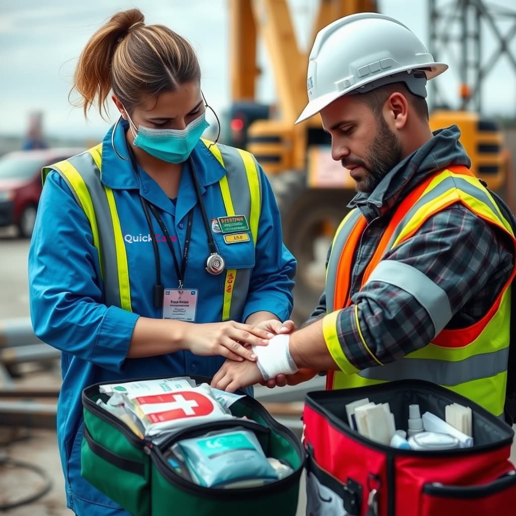 QuickCare Solutions professional administering first-aid to a construction worker on-site, showcasing emergency response services with medical supplies in the foreground.