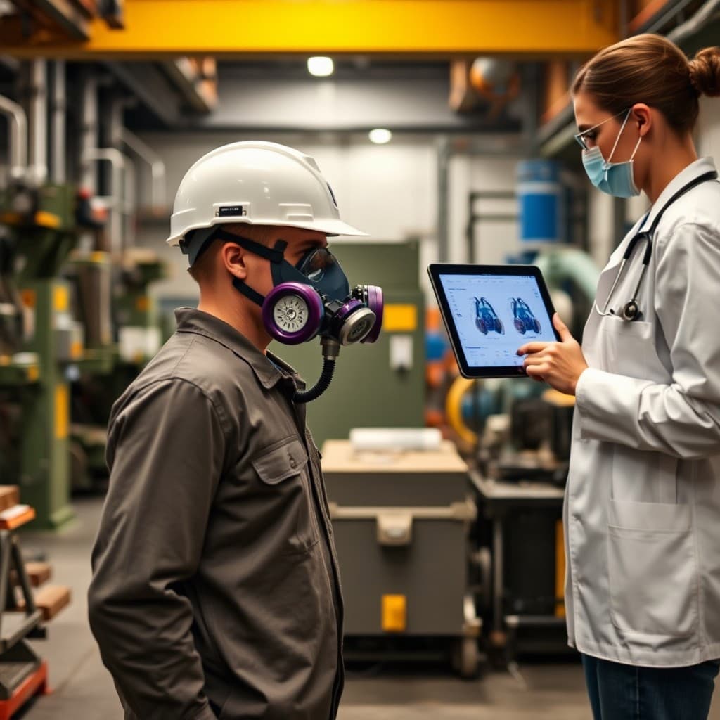 QuickCare Solutions providing an OSHA-compliant respirator fit test to an industrial worker, with a doctor reviewing test results on a tablet.