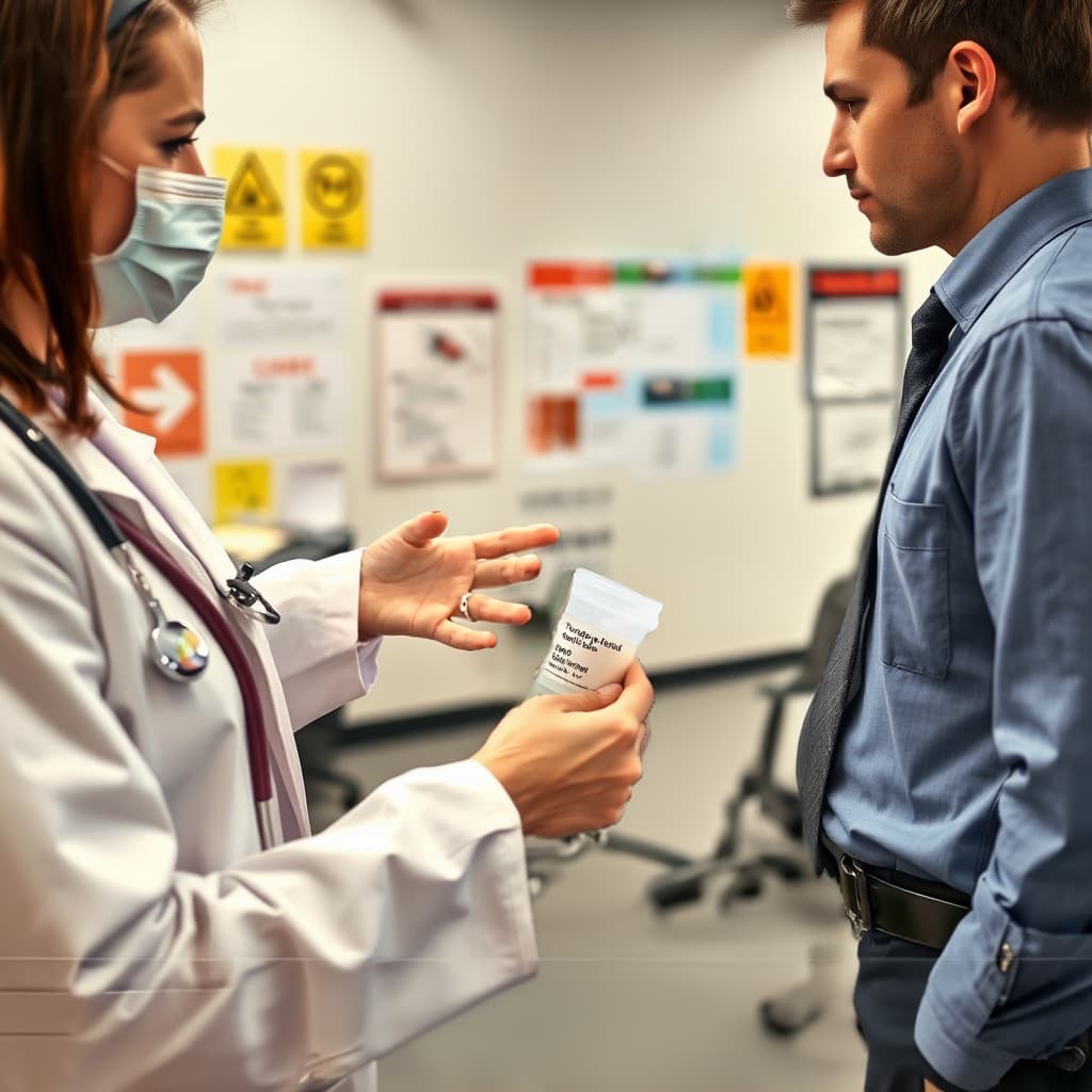 A healthcare professional at QuickCare Solutions handing a specimen cup to a business professional, illustrating the process of workplace drug and alcohol testing, including Point-of-Care and Laboratory Testing options.