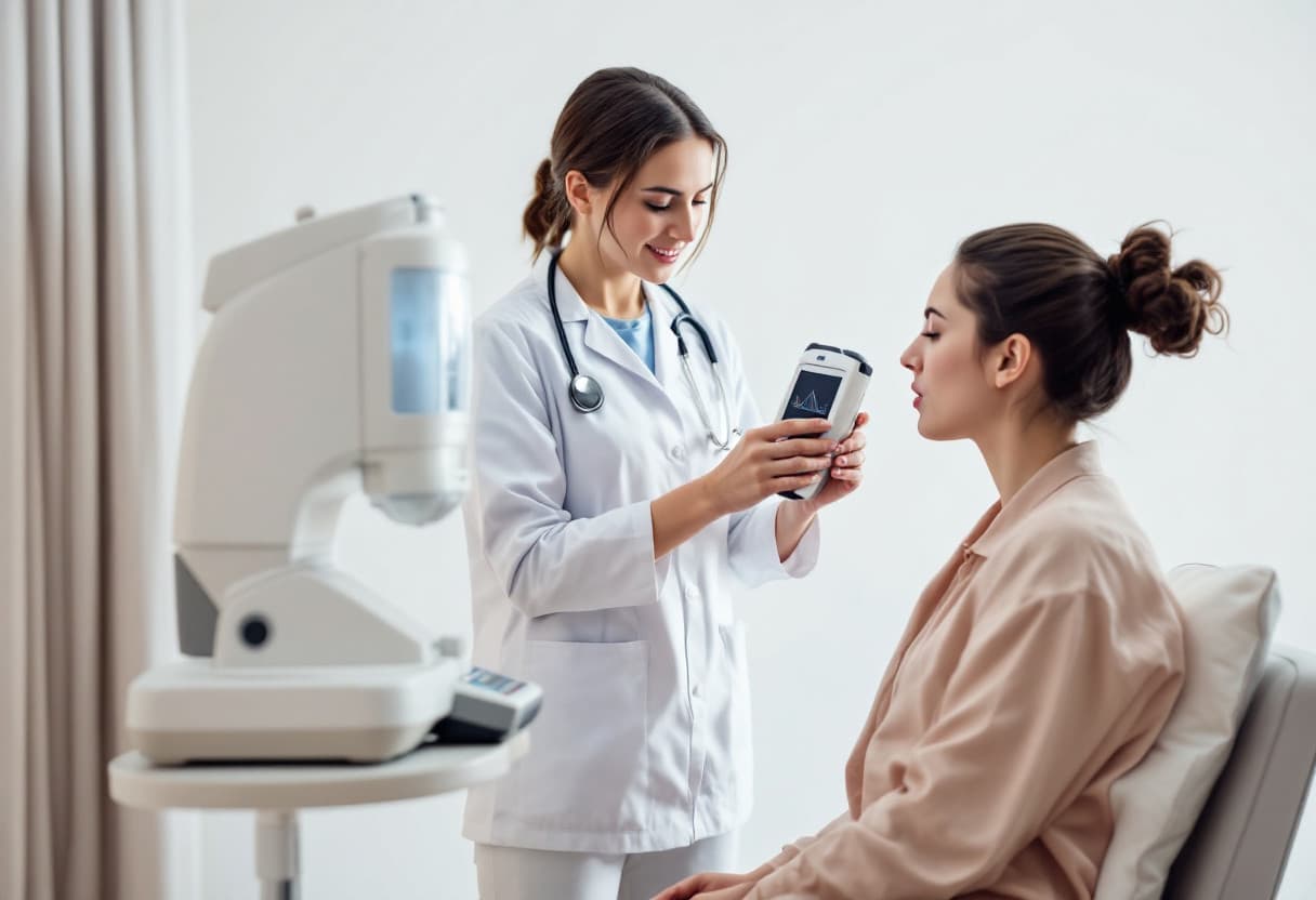 Healthcare provider conducting a spirometry test using digital equipment with a patient seated in the examination chair.