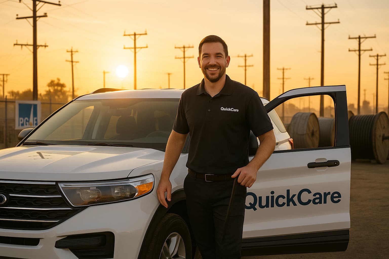 QuickCare technician in a black polo shirt smiling beside a white Ford Explorer at sunrise in a PG&E utility yard, surrounded by power poles and large cable spools, with warm golden light.