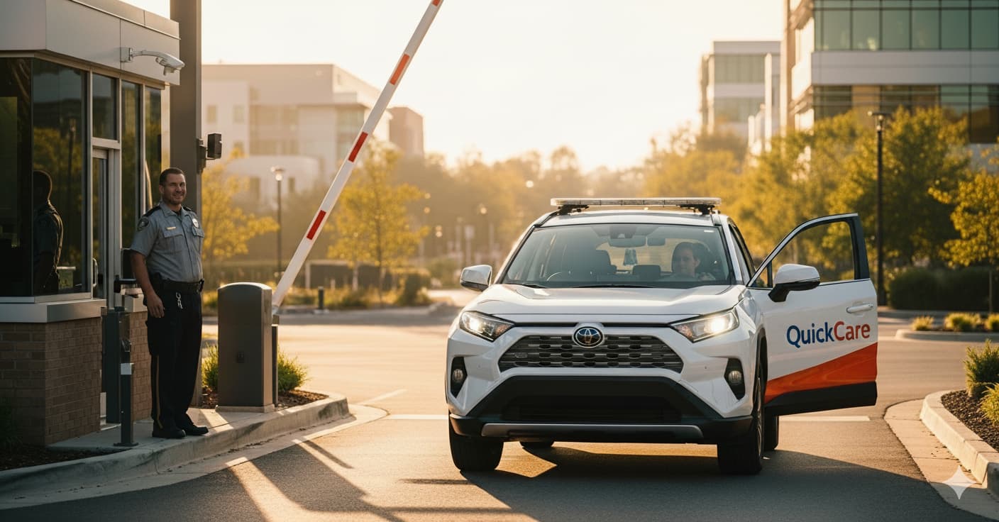 A security guard at a campus entrance greets a woman in a white QuickCare Toyota RAV4 response vehicle as the security gate arm lifts at sunrise.