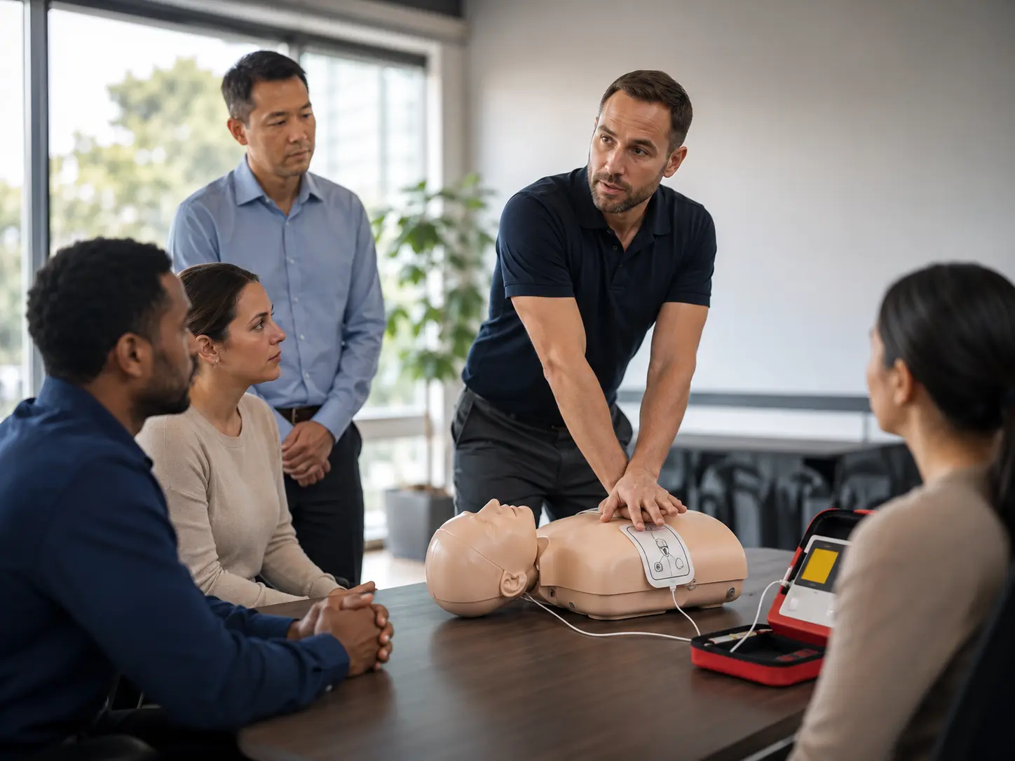 An instructor leading a CPR and AED training session for employees